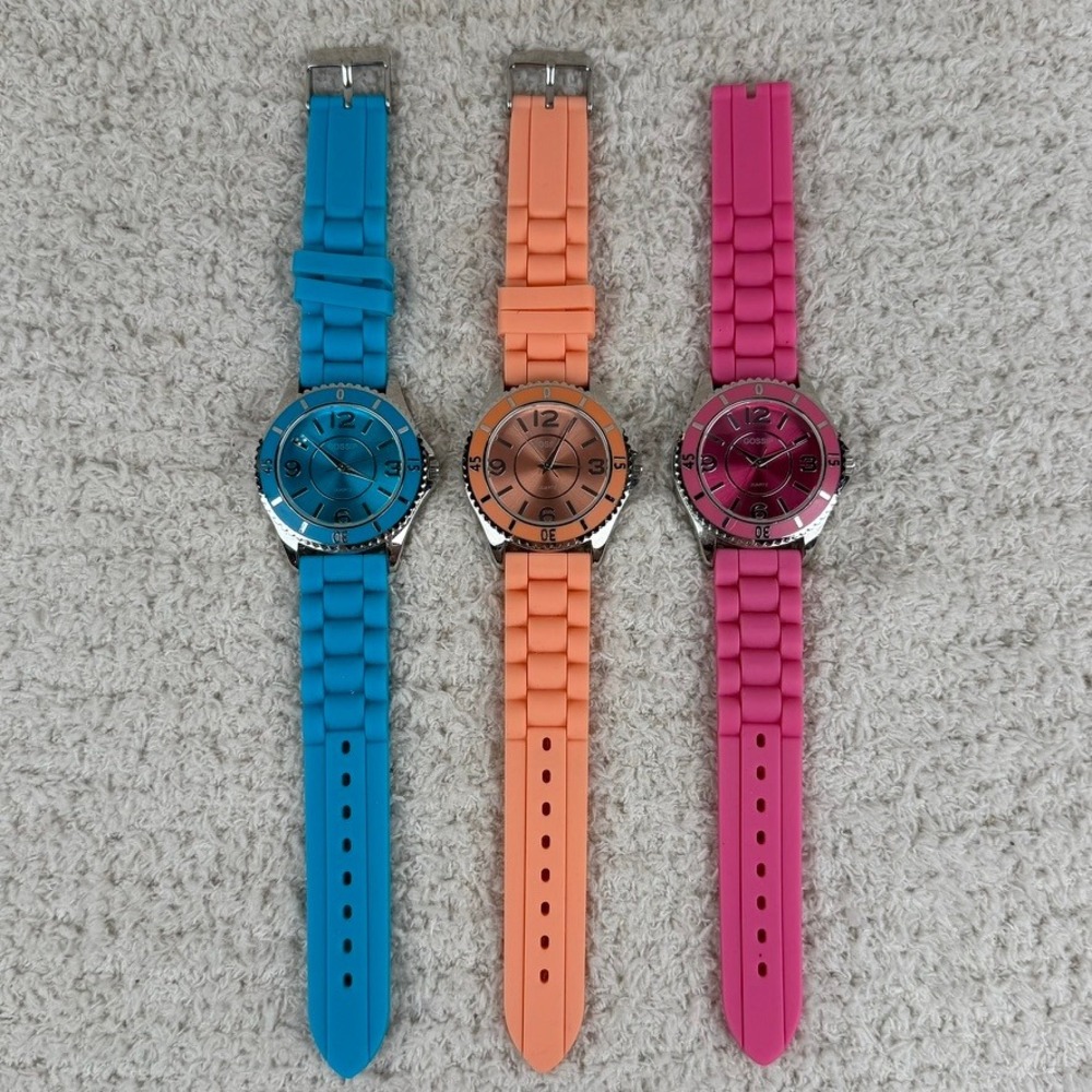 Gossip Women Quartz Watch Set 3 Piece Silicone Strap Blue Pink Orange Bundle